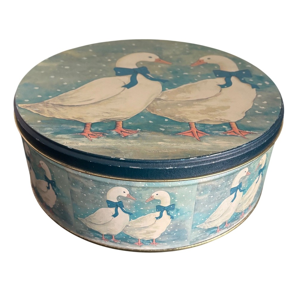 Vintage Country Geese Blue Bowed Goose 80s Biscuit Tin Sewing Kit Button Box